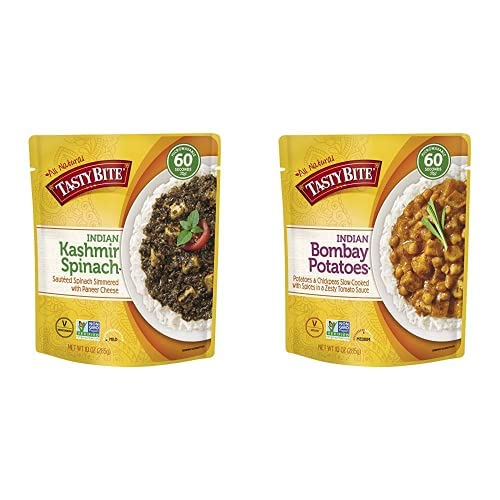 Tasty Bite Indian Kashmir Spinach (10oz, 6 PACK) + Indian Bomboy Potatoes (10oz, 6 PACK) | Microwavable, Ready to Eat, Complete Your Meal