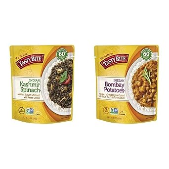 Tasty Bite Indian Kashmir Spinach 10oz, 6 PACK + Indian Bomboy Potatoes 10oz, 6 PACK | Microwavable, Ready to Eat, Complete Your Meal
