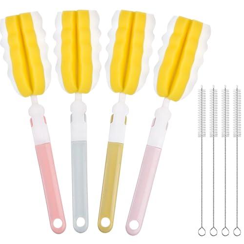 Image of INVODA Bottle Brush 4Pack Long Handle Cup Cleaner Brush Whit Straw Brushes 4Pack Sponge Bottle Scrubber Detachable Handle Cup Cleaning Brush for Baby Bottle Clean Mugs (4 PCS+Straw Brushes 4PCS)