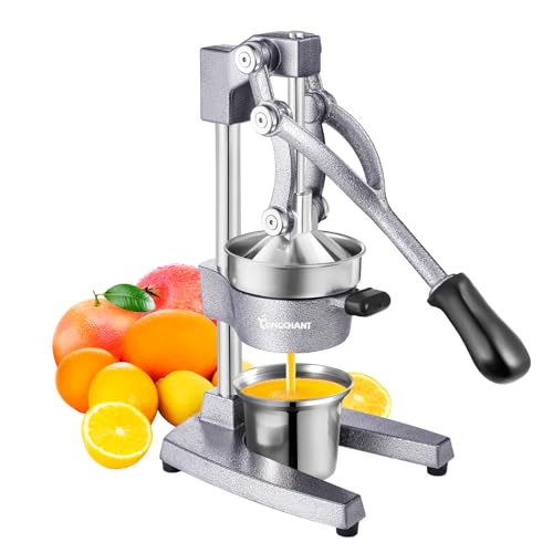 TONGCHANT Cast Iron Juicer with Stainless Steel Cup, for Orange, Lemon, Lime, Citrus, Grapefruit & Pomegranate, Heavy Duty Manual Juicer, Hand Press Juicer, Easy to Clean, Silver