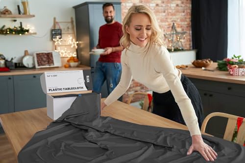 Image of 54 Inch X 300 Feet Value Pack Black Plastic Table Cover Roll in A Cut - to - Size Box with Convenient Slide Cutter. Cuts Up to 36 Rectangle 8 Feet Plastic Disposable Tablecloths