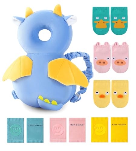 Image of JunNeng Toddler Baby Head Protector Backpack for Toddler Walker with Knee Pads&Anti-Slip Socks, Dinosaur