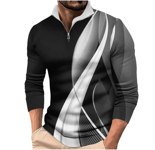 Men's T-Shirt Tops Fashion 3D Printed Long Sleeves 1/4 Zipper up Stand Collar Tees Shirts Pullover Sweatshirt Tops