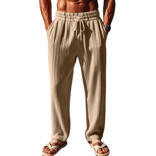Men's Corduroy Pants Drawstring Elastic Waist Pants Loose Fit Casual Long Trousers with Pockets
