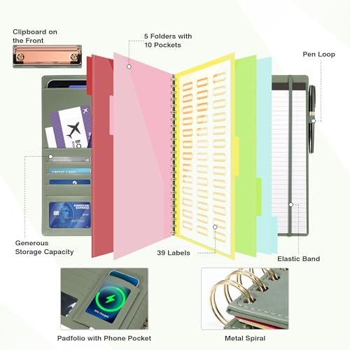 Image of Clipboard with Storage for Men Women, Leather Padfolio Portfolio Organizer 5 Folders with 10 Pockets, Spiral Clipboard Folio with Notepad for Letter Size, Elastic Closure and Pen Loop Sage Green