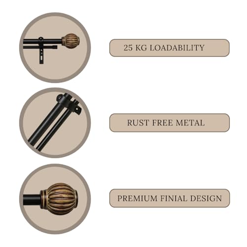 Image of 28 inch-48 inch Adjustable Double Curtain Rod For Door & Windows With Brackets Set Curtains Hanging Extendable Iron Metal Pipe Holder With Pomp Wood Finial (Black, 0.75 inch Diameter)