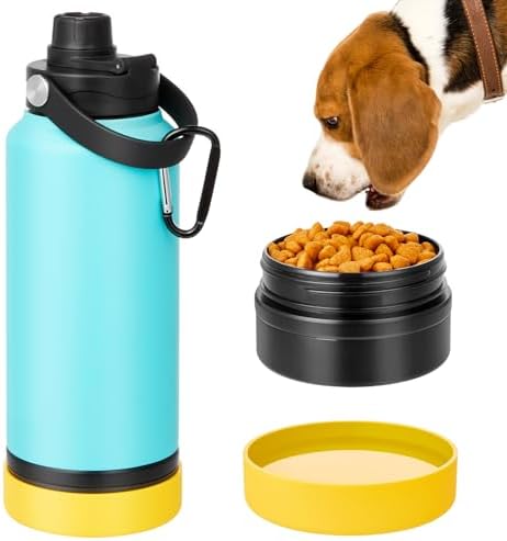 Portable Dog Water Bottle, 32OZ Stainless Steel Dog Water Bottle, with Dog Drinking Bowl & Food Bowl, Leak Proof, Double Vacuum Insulation, Dog Travel Water Bottle for Walking Hiking Camping
