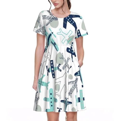Robe d'été décontractée avec motif imprimé avion et manches courtes