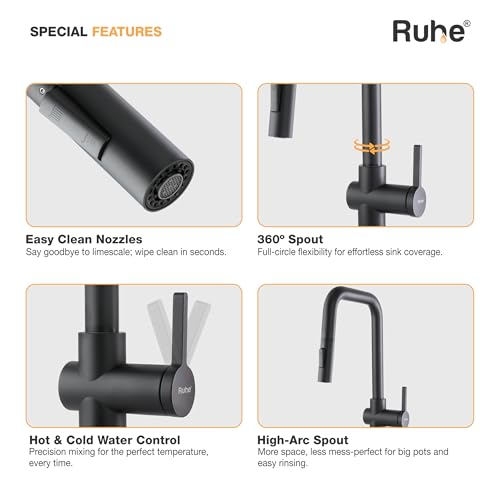 Image of Ruhe Opulo Dual Flow Pull-Out Kitchen Mixer Faucet - Matte Black | 360 Swivel | Hot & Cold Water Faucet | Single Lever Tap | Table Mounted Kitchen Sink Tap