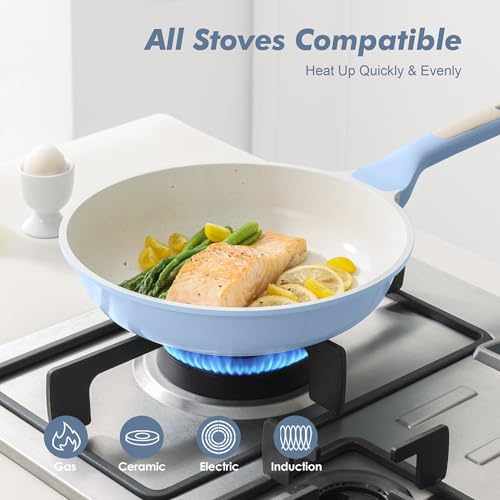 Image of SENSARTE Nonstick Ceramic Frying Pan with Lid 11 Inch Omelet Pan Skillet, Free of Intentionally Added PFAS /PTFE Non-toxic Chef's Pan Induction Compatible Pan, Heat Resistant Handle, Glacier Blue