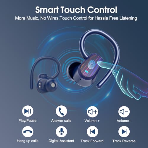 Image of Wireless Earbuds Bluetooth 5.4, 50H Playtime Sport Earphones with Earhooks, HiFi Stereo Bluetooth Hearphones with 4 ENC Noise Cancelling Mic, IPX7 Waterproof Over the Ear Buds for Gym /Running, Blue
