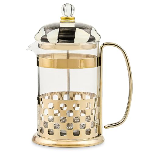 MACKENZIE-CHILDS Coffee French Press, Glass French-Press Coffee Maker, 32-Ounce Capacity, Black-and-White Courtly Check - Detailed View