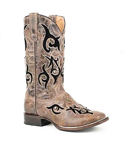 Karman Inc, Roper Women's Size 10 Wide Calf Fit Velvet Inlay Square Toe Distressed Tan Leather Cowboy Boots