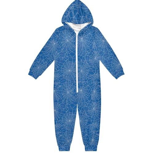 CHIFIGNO Mameluco unisex para niños, disfraz de Halloween y cosplay, overol suave de una pieza para niñas y niños, Telarañas blancas sobre azul-1, 5-6 años