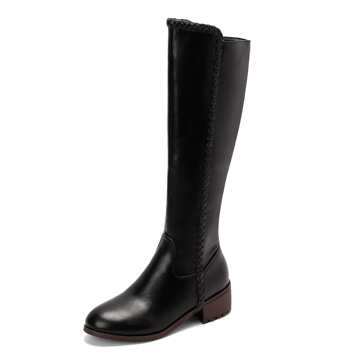 Western Knee High Riding Boots For Womens Retro Round Toe Zipper Low Heels Braid Wide Calf Dressy Boot