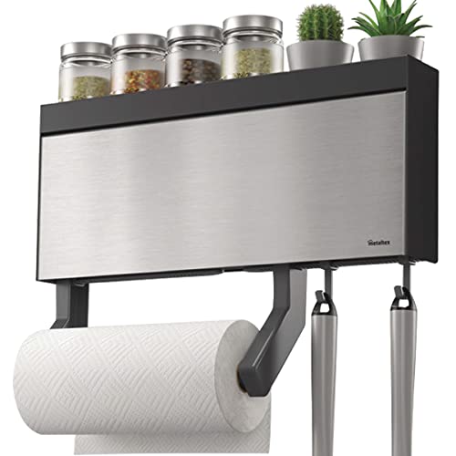 Primeway® Stainless Steel 4 in 1 Tango INOX Wall-Mounted Kitchen Rolls Dispenser Holder for Film, Foil, Paper with Multi Utility Spices/Storage Rack & 6 Hooks, Grey
