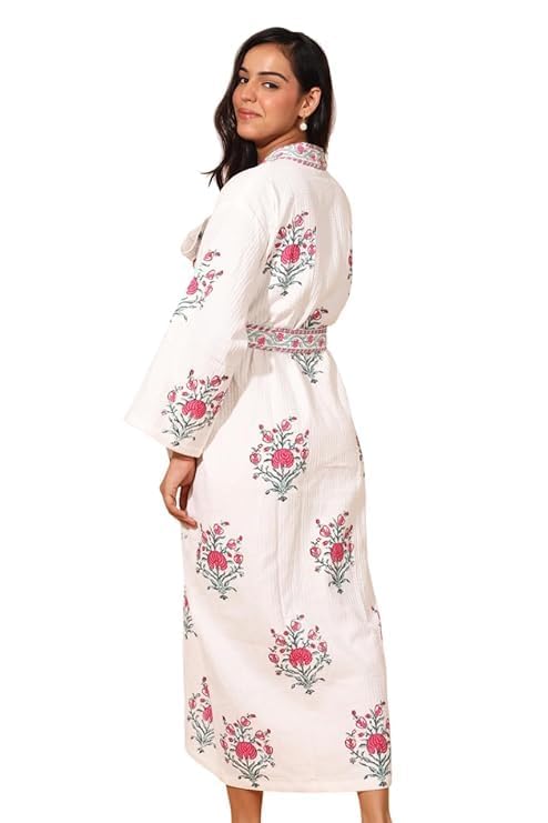 Image of Hand Block Print Cotton Waffle Fabric White Bathrobe For Women's Ultra-Soft & Lightweight After Bath Spa Bathrobe | Highly Absorbent Red Flower