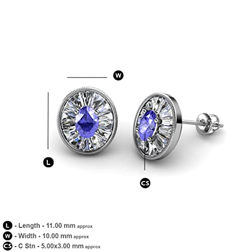 Oval Cut Tanzanite & Baguette Natural Diamond 1.22 Ctw Women Milgrain Halo Stud Earrings 14K White Gold #TOP2