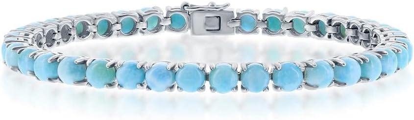 Beaux Bijoux 5mm Natural Larimar Gemstone 7.5" Tennis Bracelet Sterling Silver Jewelry for Women or Teens