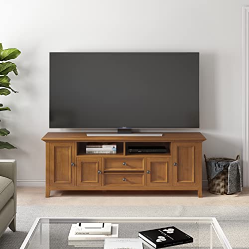 Image of SIMPLIHOME Amherst 72 inch Wide Solid Wood TV Stand in Light Golden Brown