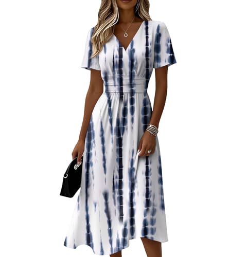 Vestido Mujer Verano, Ropa de Tallas Grandes, Frescos Vaquero Summer Dress, Hippie Elegantes Vestidos Boda Invitada Mujer, Punto Deportivos Chic Cuello en V Manga Corta Estampado L