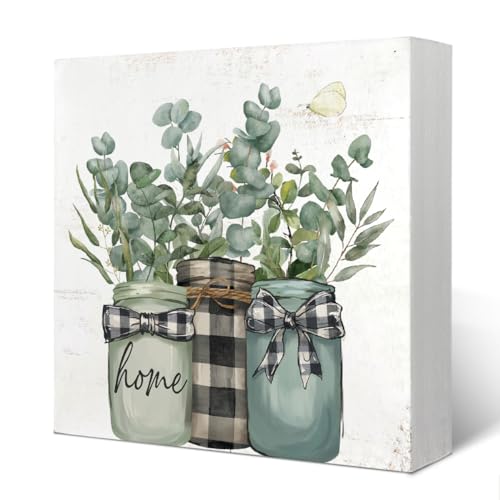 Yetmadi Sage Green Kitchen Decor, Eucalyptus Leaves Wood Box Sign for Home, Spring Decoration for Shelf Table, 5x5 Inch