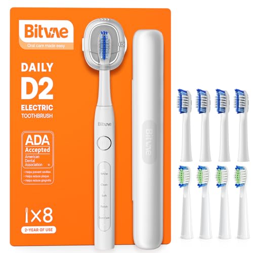 bitvae ultrasonic electric toothbrush for adults and kids ada accepted travel toothbrush with rechargeable 60-day battery life 5 modes 8 heads case holder frost white