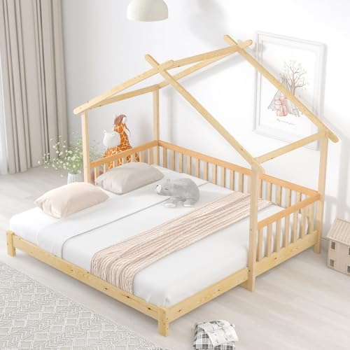 EURHCIO Lit Cabane Enfants Extensible 90/180x200cm,Lit 2 Personnes avec Design Cabine Distinctif,Barrières Hautes,Sommier à Lattes Solide,pour Enfants (E-Naturel, 90/180x200)