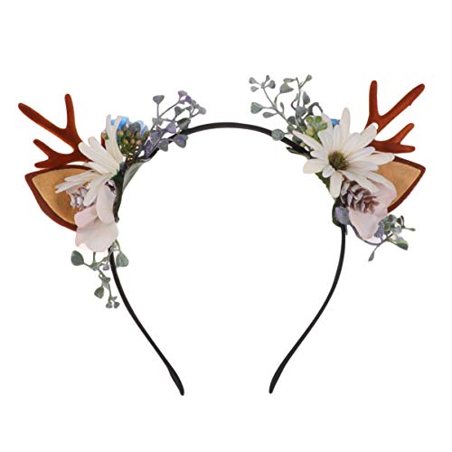 Lurrose diadema de asta diadema de flores de ciervo de navidad baya reno accesorios para el cabello para fiesta festival (blanco) Cover