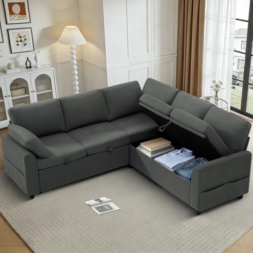 Image of 87 inch Fabric Sectional Sofa w /Pull Out Bed & Storage Space, Grey