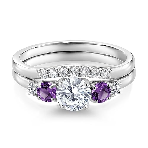 Gem Stone King 10K White Gold White Lab Grown Diamond and Purple Amethyst 5 Stone Bridal Engagement Wedding Ring Set For Women (0.81 Cttw, Round: 5MM and 3MM, Available in Size 5,6,7,8,9)3