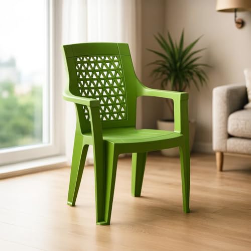 Image of Nilkamal Elevate Plastic Chair with Arm | Set of 4 | Stackable Chair | for Living Room, Bed Room, Kitchen, Balconies, Outdoor | Lush Green
