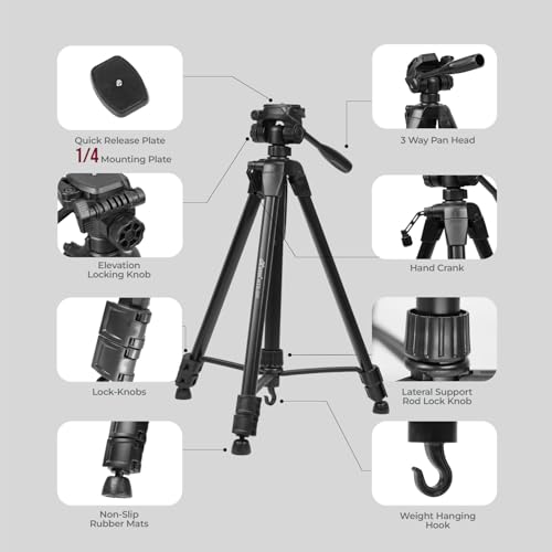 Image of HIFFIN HTR-500 1700mm Lightweight Tripod with Mobile Holder & Carry Bag | 5kg Load Capacity | 3-Section Adjustable Stand for DSLR, Camera & Smartphone | Portable & Stable Tripod Stand
