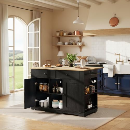ilot Central Cuisine,Îlot de Cuisine Moderne, Chariot de Cuisine équipé d'une Multiprise, Plateau de Table Pliable, 2 Tiroirs, 2 Portes, étagère de...