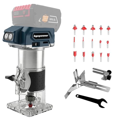 Bycpower Akku Oberfräse für Bosch 18V Akku 30000 RPM Bürstenloser Motor 5-Stufen Kantenfräse Kabellose Holzfräse mit 6 35mm Durchmesser mit 15pcs 1/4 Fräser für Holz & Kunststoff (ohne Akku)