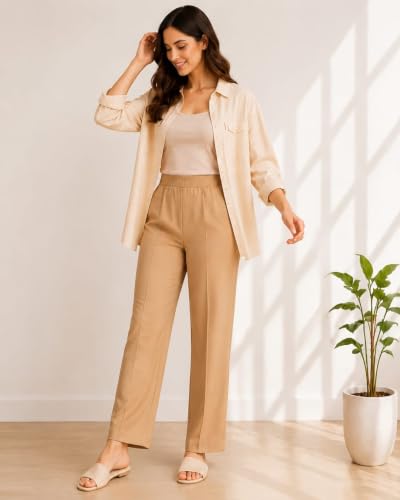 Image of Women's Mid Rise Wide Leg Trousers with Elastic Waist & Pockets