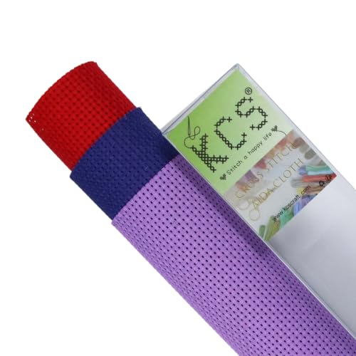 Image of KCS 3 pc of 15 inch x 18 inch(38cmx45cm) 11 Count Cross Stitch Cotton Aida Cloth Needlework Rolled Fabric Box,11CT,Lavender+Royal Blue+Red