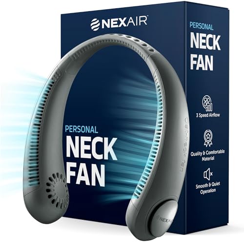 NEXAIR Portable Neck Fan - 3 Speed Rechargeable Bladeless Neck Fan, Adjustable Personal Black Neck Fan For Women & Men Modern Design, Great Cooling Fan For Travel, Outdoors & Sports