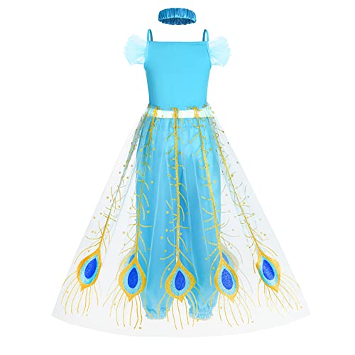 Jasmine Costume Dress Up For Girls Arabian Princess Dress Kids Birthday Party Carnival Halloween Jasmine Cosplay Clothes Outfit With Crowns, Scepters, Gloves, Headbands, Necklaces And Earrings,4T #TOP3