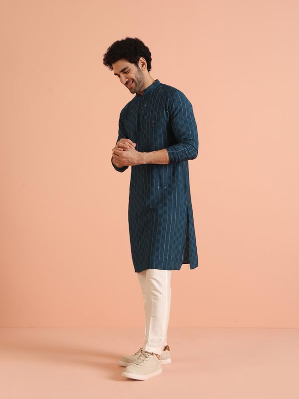 Kisah Cotton Blend Kurta Trouser Set For Men | Mens Long Sleeve Kurta With Pant Set Mens Ethnic Collections-Ka-0848-T301-40-Blue