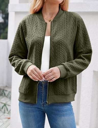 Image of WROLEM Women's Zip Up Cardigan Sweater Cable Hoodies Long Sleeve Jacket Outfits Crewneck Casual Coat