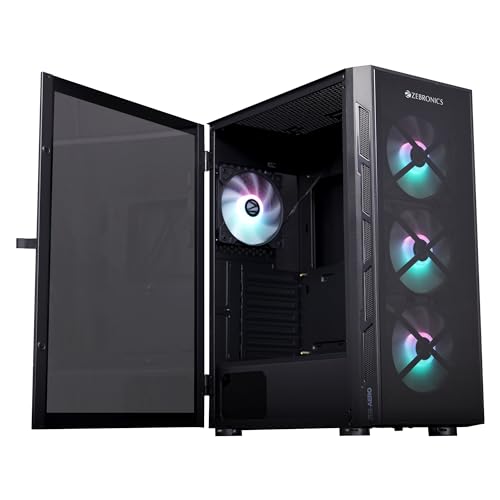 Image of ZEBRONICS AERO Mid-Tower Premium Gaming Cabinet EATX /ATX /M-ATX, 3X 120mm Front + 120mm Rear Fan, ARGB Inner Glow, LED Control, Hinged Tempered Glass Side Panel, USB 3.0(Black)
