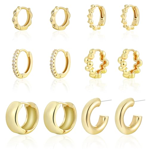 6 Pairs Gold Hoop Earrings Set for Women, 14K Gold Plated Small Huggie Hoops Earrings Hypoallergenic, Lightweight Tiny Cartilage Piercings Earrings Jewelry for Women Gifts.