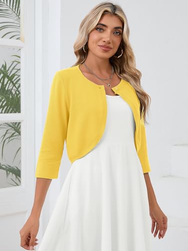 Heymoments Women's Thin Shrugs for Dresses Yellow X-Large Open Front 3/4 Sleeve Knit Lightweight Crop Cardigan Dressy Cropped Tops Coat Sweater Clothes — view 3