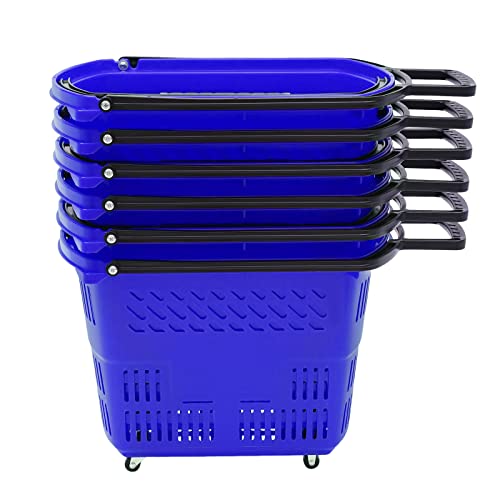 Lemonrain 6PCS Shopping Carts,Shopping Baskets with Handles &Wheels Plastic Rolling Shopping Basket for Retail Store (Blue)