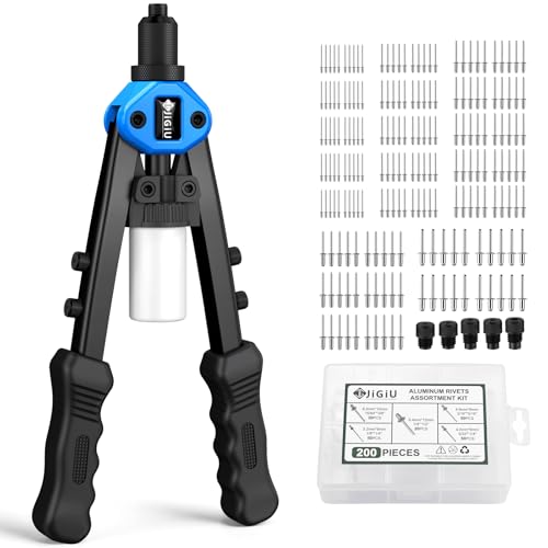 JiGiU Pince a Riveter Pop 33cm avec 5 Embouts Interchangeables (3,2 mm à 6,4 mm) + 200 Rivets alu Pour Rivets Alu - Pistolet à Riveter Ergonomique pour...