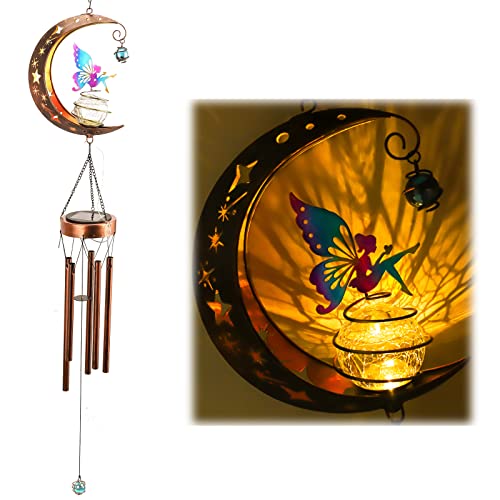 Hedaqi Solar Moon Wind Chimes For Outside With Crackle Glass Ball, Butterfly Fairy Garden Outdoor Unique Decor Waterproof Hanging Lights Patio Lawn Ornaments Gifts For Mom Women Grandma #TOP2