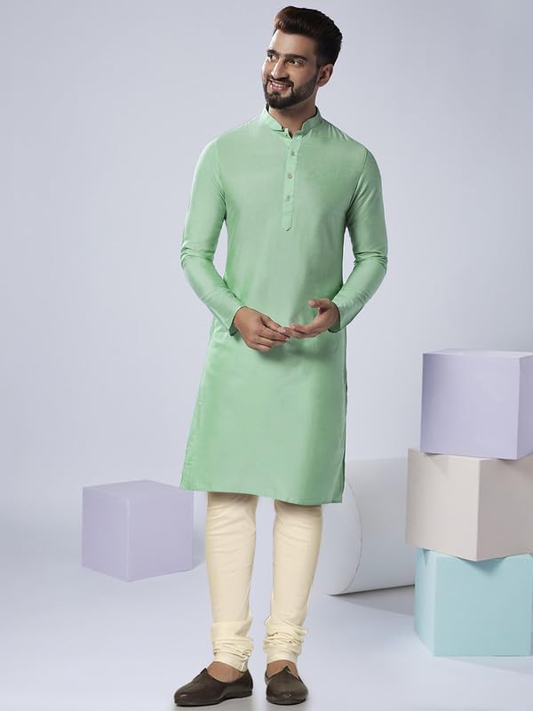 Image of KISAH Men's Kurta Jacket Churidar Set, Sea Green Art Silk, Embellished Regular Fit Long Sleeves Mandarin Collar (S)