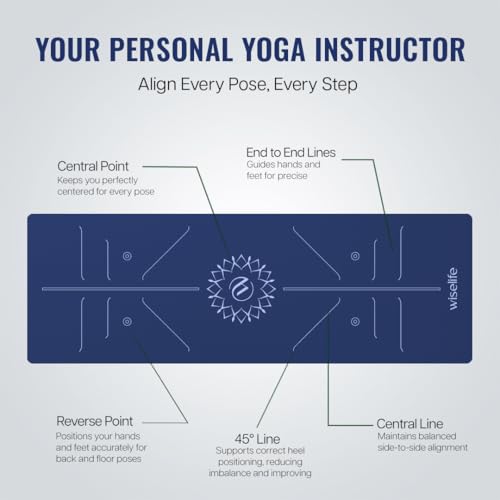 Image of WiseLife TRUE Body Lotus Alignment Yoga Mat + Sleek Yoga Strap for Men & Women | Non-Slip, Extra Wide ECO TPE Exercise Mat for Home, Pilates, Gym & Fitness (Blue 10 mm)