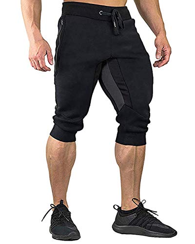 YSENTO Men's Cotton Casual 3/4 Jogger Running Capri Pants Below Knee Gym Workout Shorts Zipper Pockets